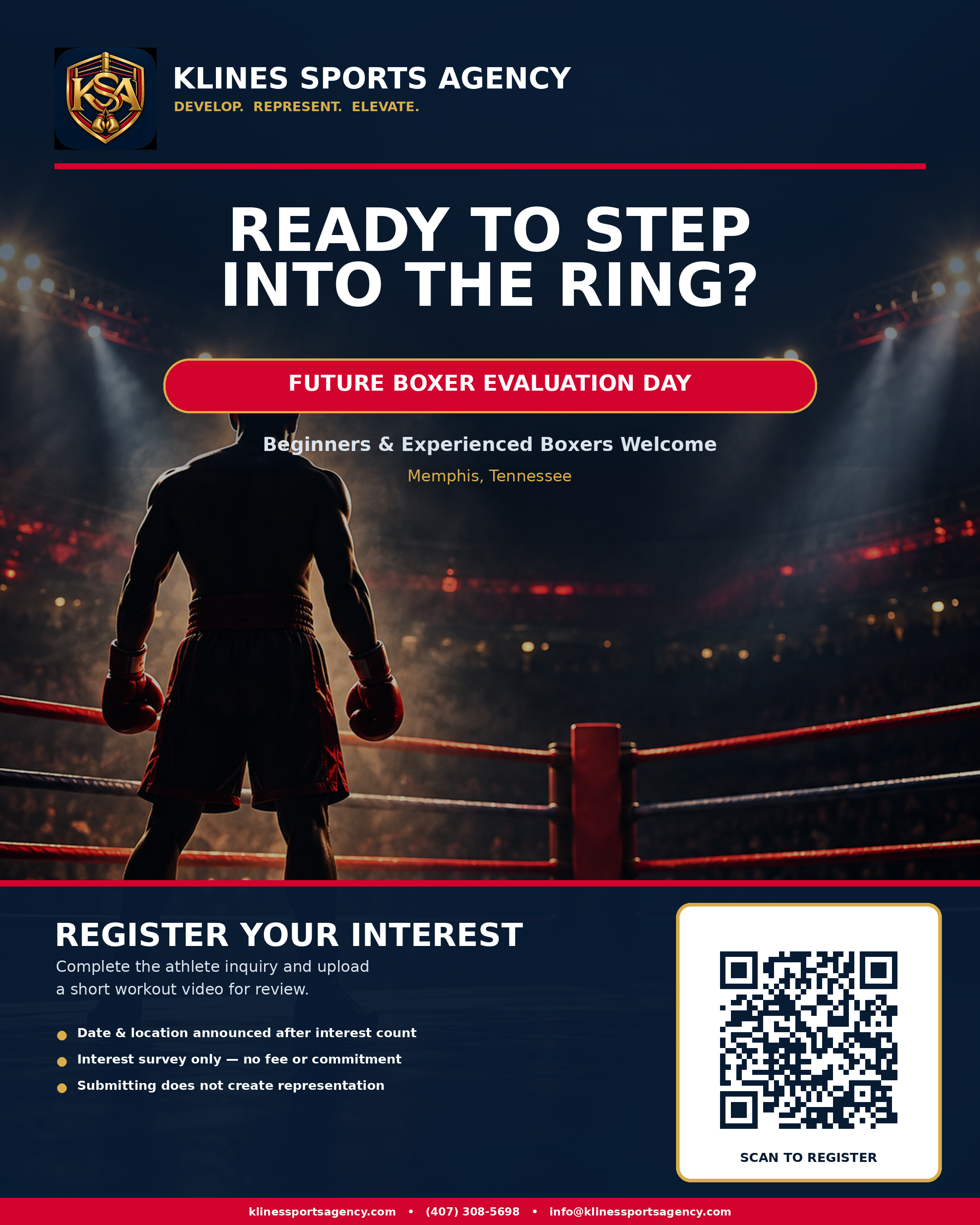 Klines Sports Agency Future Boxer Evaluation Day flyer with registration QR code