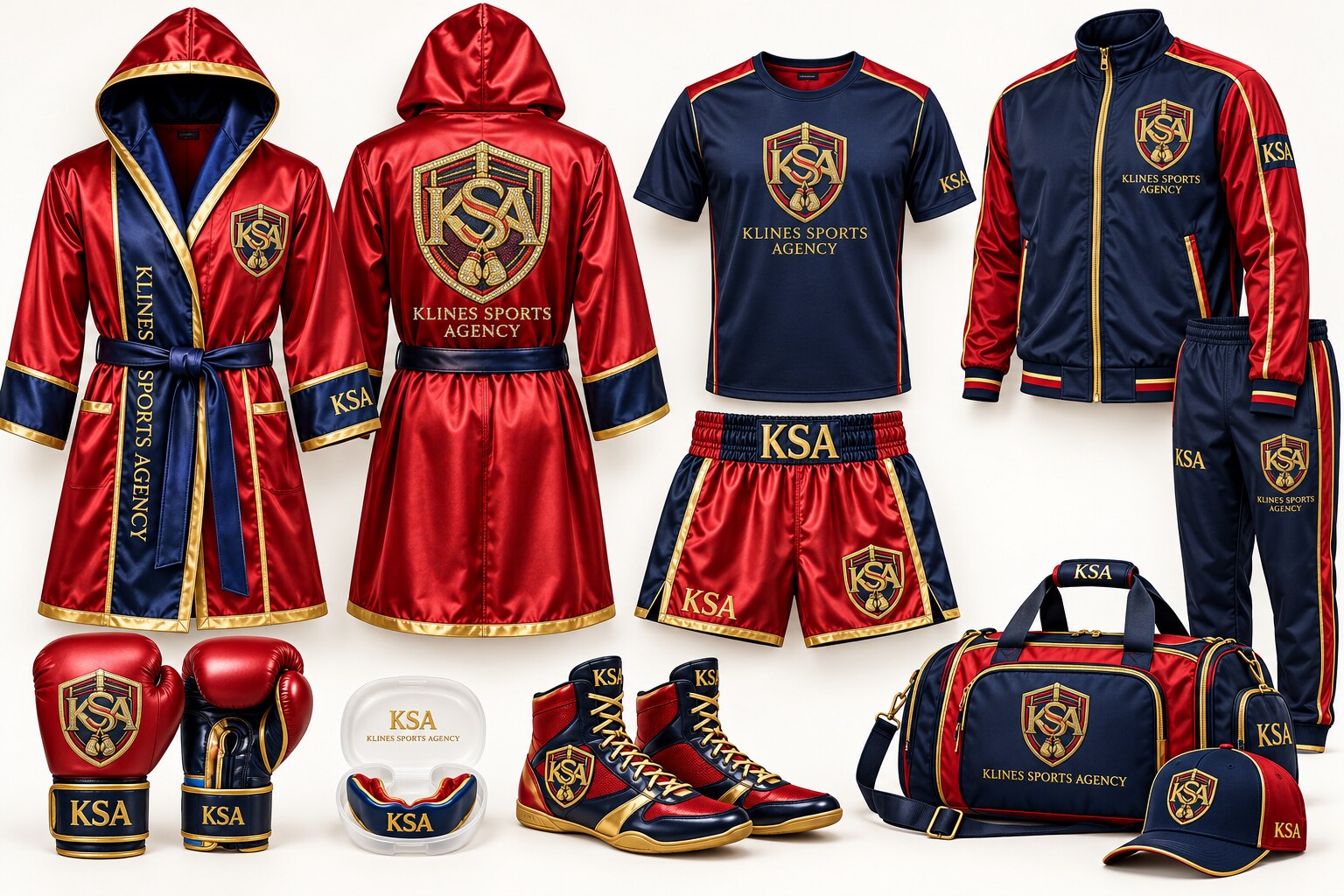 Championship Legacy KSA boxing gear collection with robe, gloves, shoes, shorts, mouth guard, shirt, tracksuit, hat and duffel