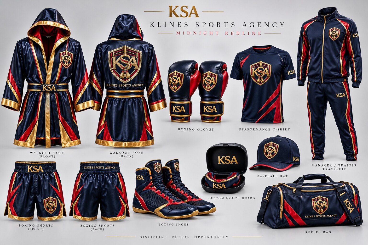 Midnight Redline KSA boxing gear collection with robe, gloves, shoes, shorts, mouth guard, shirt, tracksuit, hat and duffel
