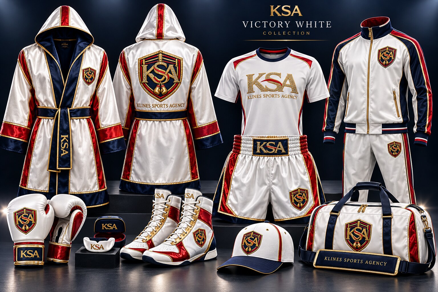 Victory White KSA boxing gear collection with robe, gloves, shoes, shorts, mouth guard, shirt, tracksuit, hat and duffel